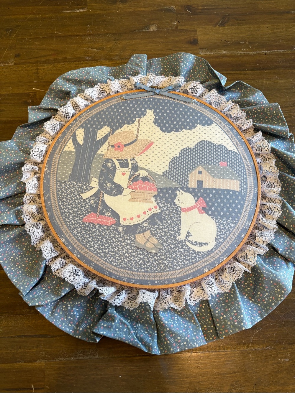 Vintage Handmade Embroidery Hoop Wall Art Girl Bonnet Cat Ruffle Lace Cottage